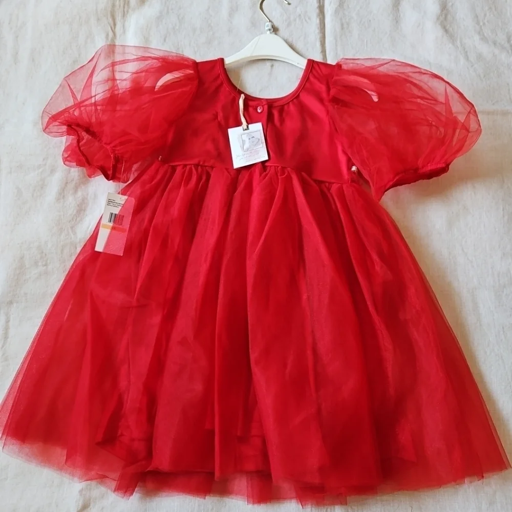 Jessica Simpson Flower Girl Red Tulle Dress Puff Sleeves Rhinestones Accent 6X